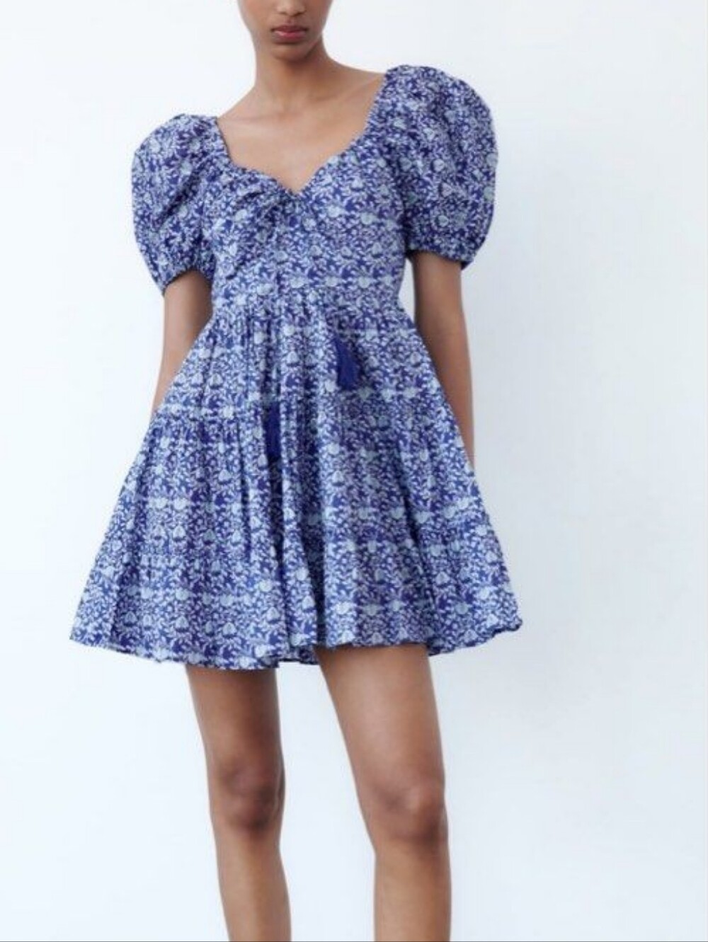 Zara Blue Floral Puff-Sleeve Mini Dress